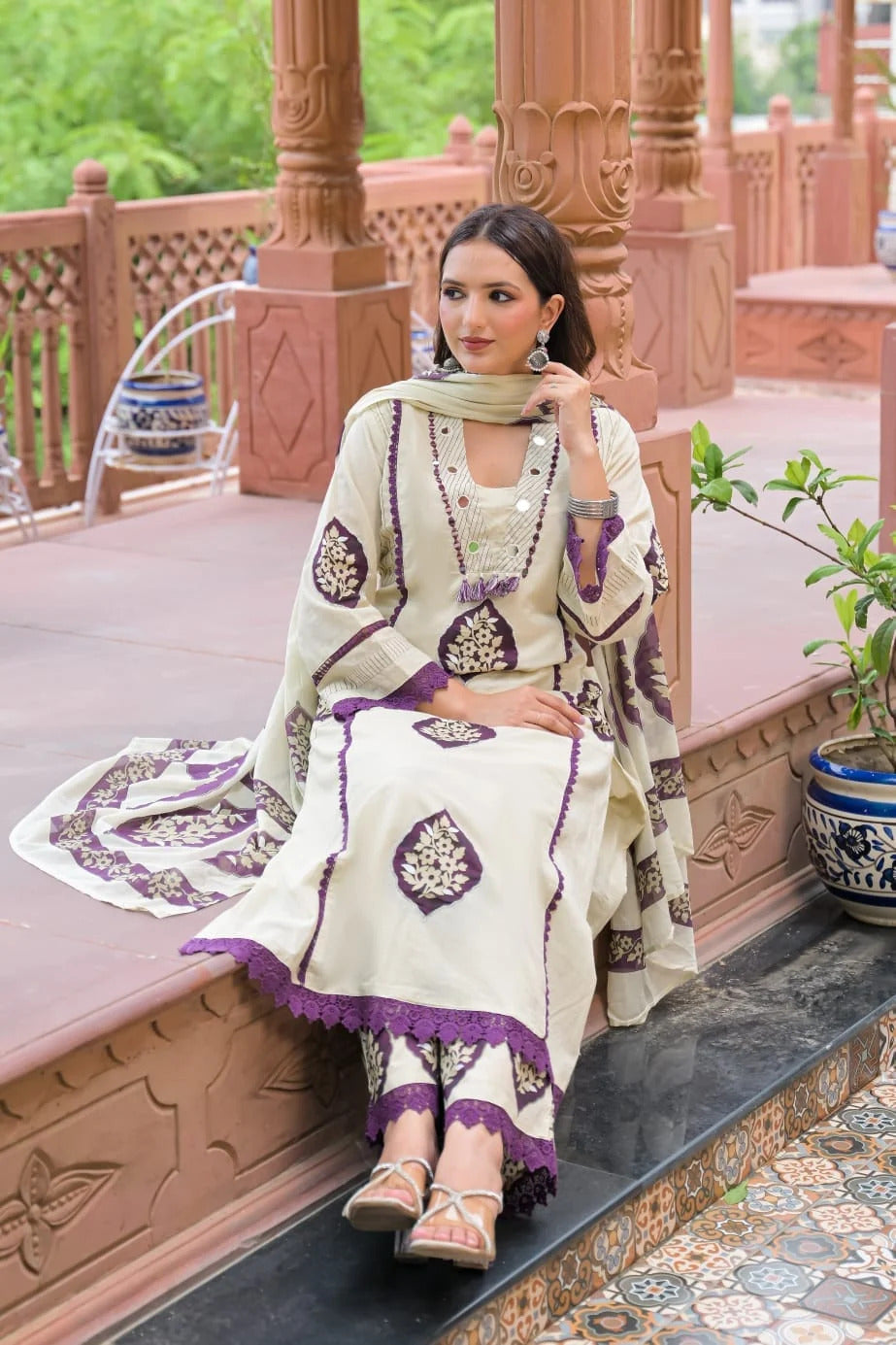 ZYFA Ivory Purple Printed Kurta Pant Set with Dupatta for Women