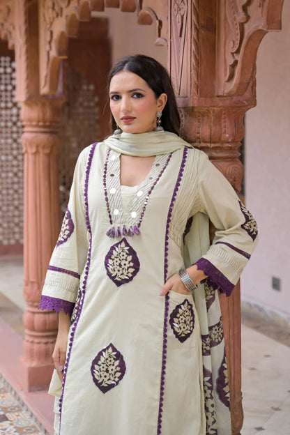 ZYFA Ivory Purple Printed Kurta Pant Set with Dupatta for Women