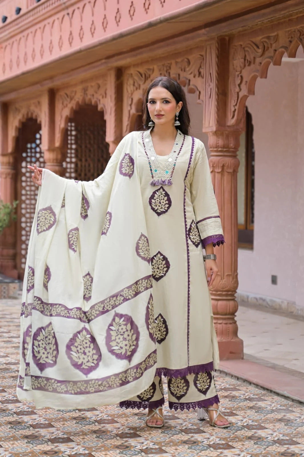 ZYFA Ivory Purple Printed Kurta Pant Set with Dupatta for Women