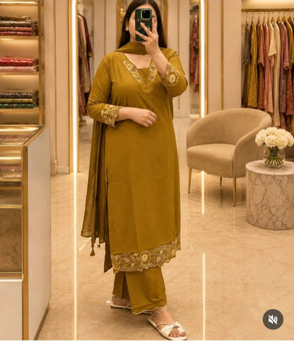 ZYFA Mustard Olive Embroidered Kurta Pant Dupatta Set for Women