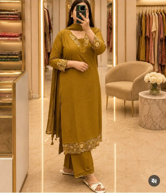 ZYFA Mustard Olive Embroidered Kurta Pant Dupatta Set for Women