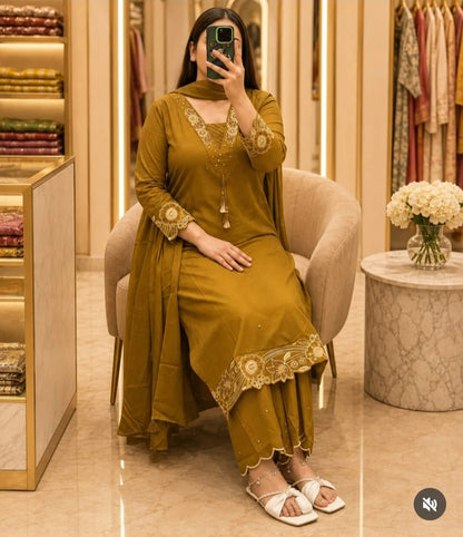 ZYFA Mustard Olive Embroidered Kurta Pant Dupatta Set for Women