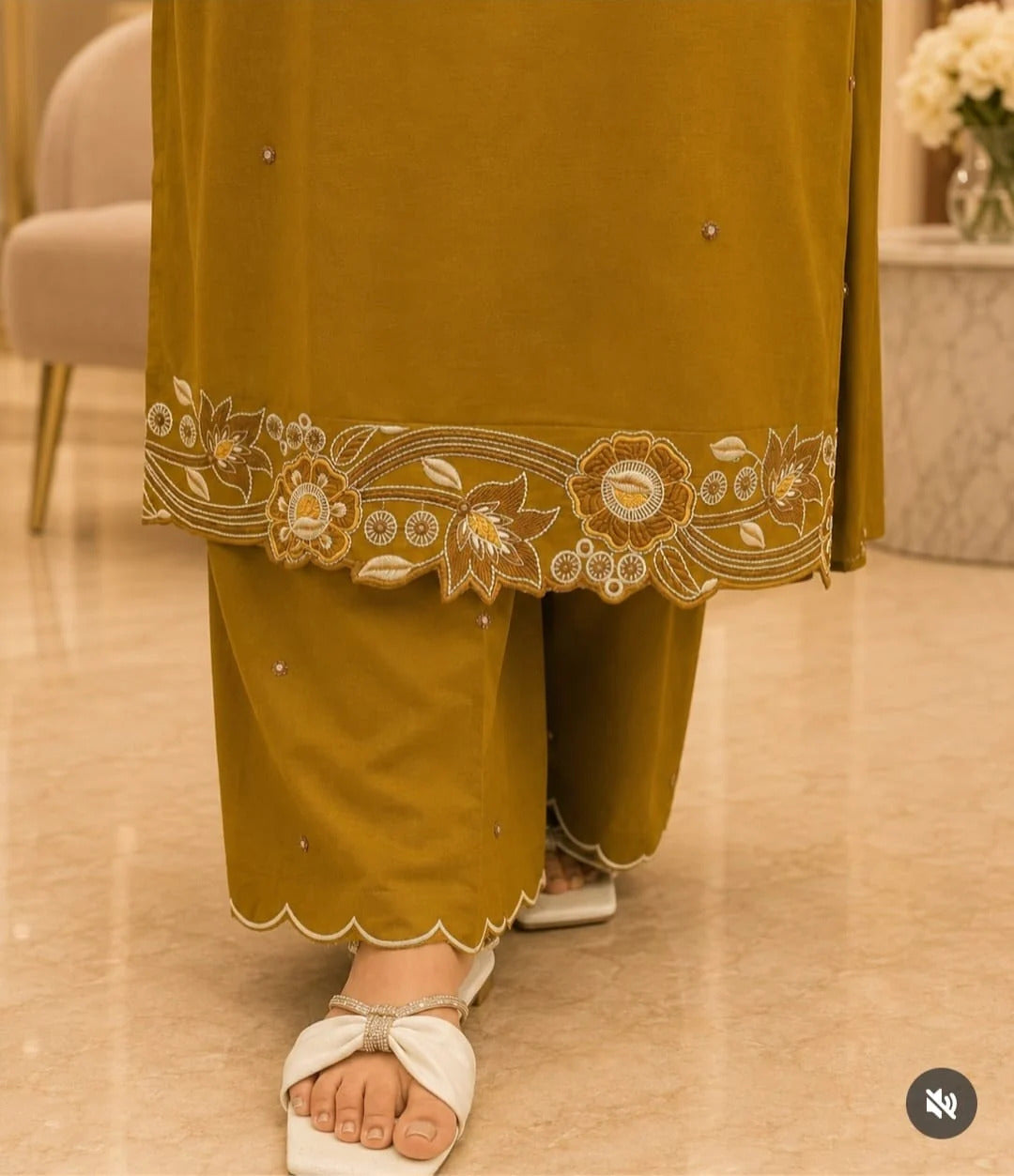 ZYFA Mustard Olive Embroidered Kurta Pant Dupatta Set for Women