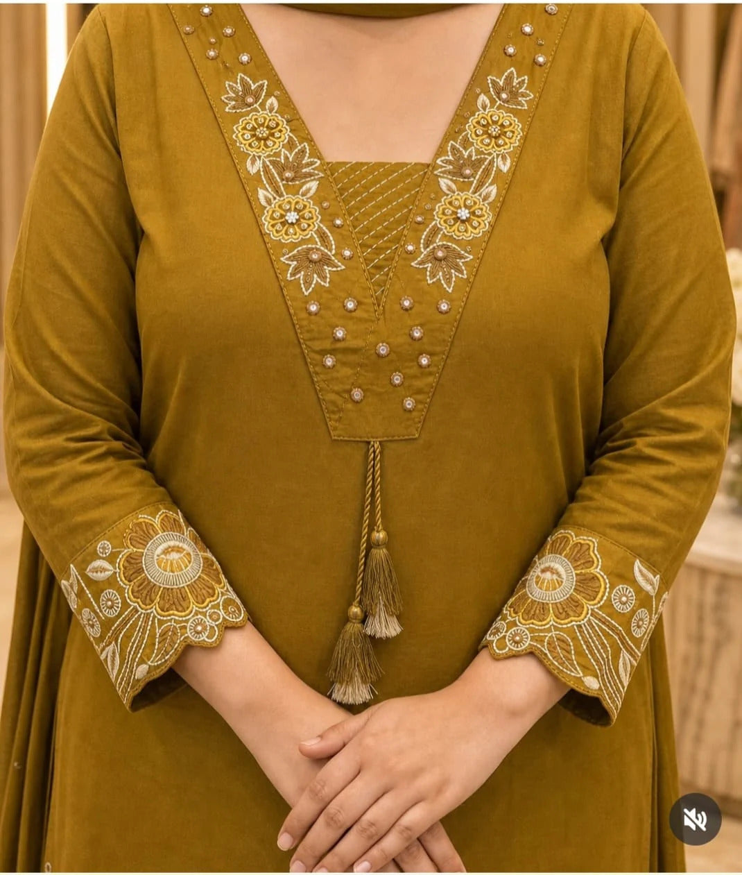 ZYFA Mustard Olive Embroidered Kurta Pant Dupatta Set for Women