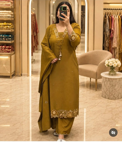 ZYFA Mustard Olive Embroidered Kurta Pant Dupatta Set for Women