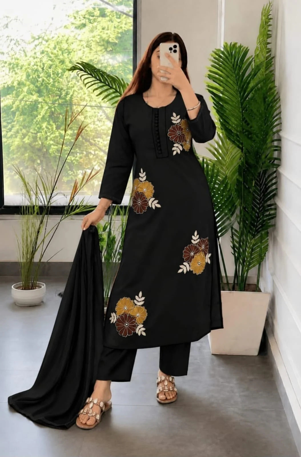 ZYFA Black Floral Embroidered Kurta Pant & Dupatta Set for Women