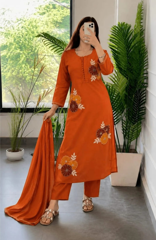 Rust Orange Floral Embroidered Suit Set for Women | ZYFA
