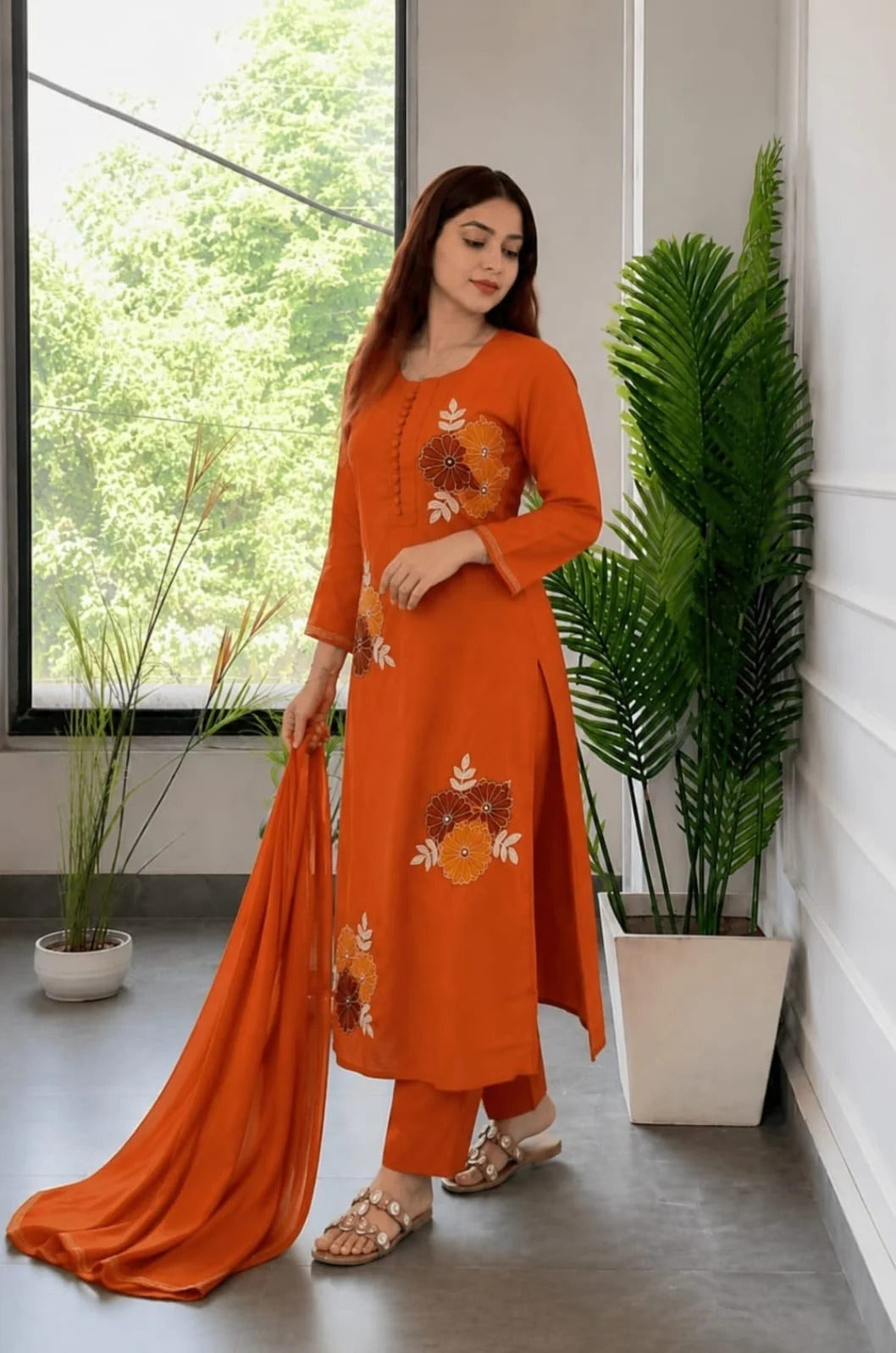 Rust Orange Floral Embroidered Suit Set for Women | ZYFA