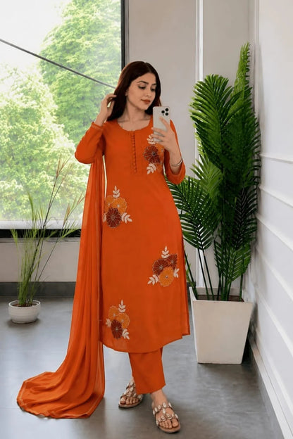 Rust Orange Floral Embroidered Suit Set for Women | ZYFA