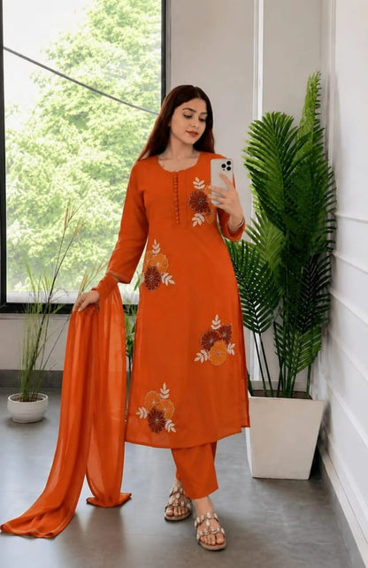 Rust Orange Floral Embroidered Suit Set for Women | ZYFA