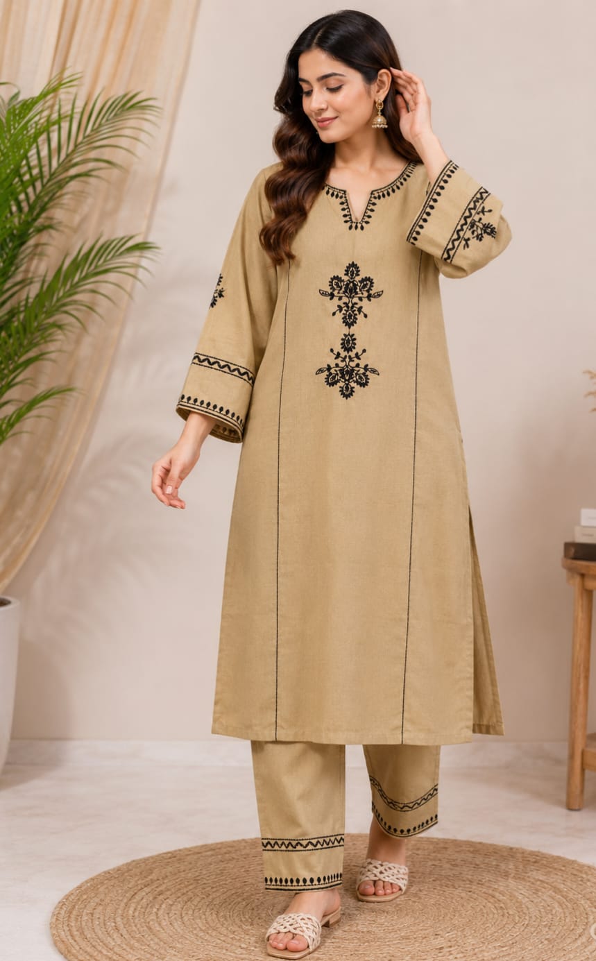 ZYFA Brown Pink Embroidered Kurta Pant Set for Women