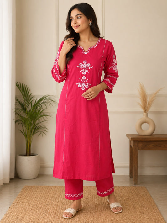 ZYFA Rani Pink Embroidered Kurta Pant Set for Women