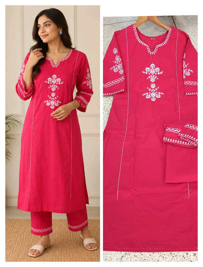 ZYFA Rani Pink Embroidered Kurta Pant Set for Women