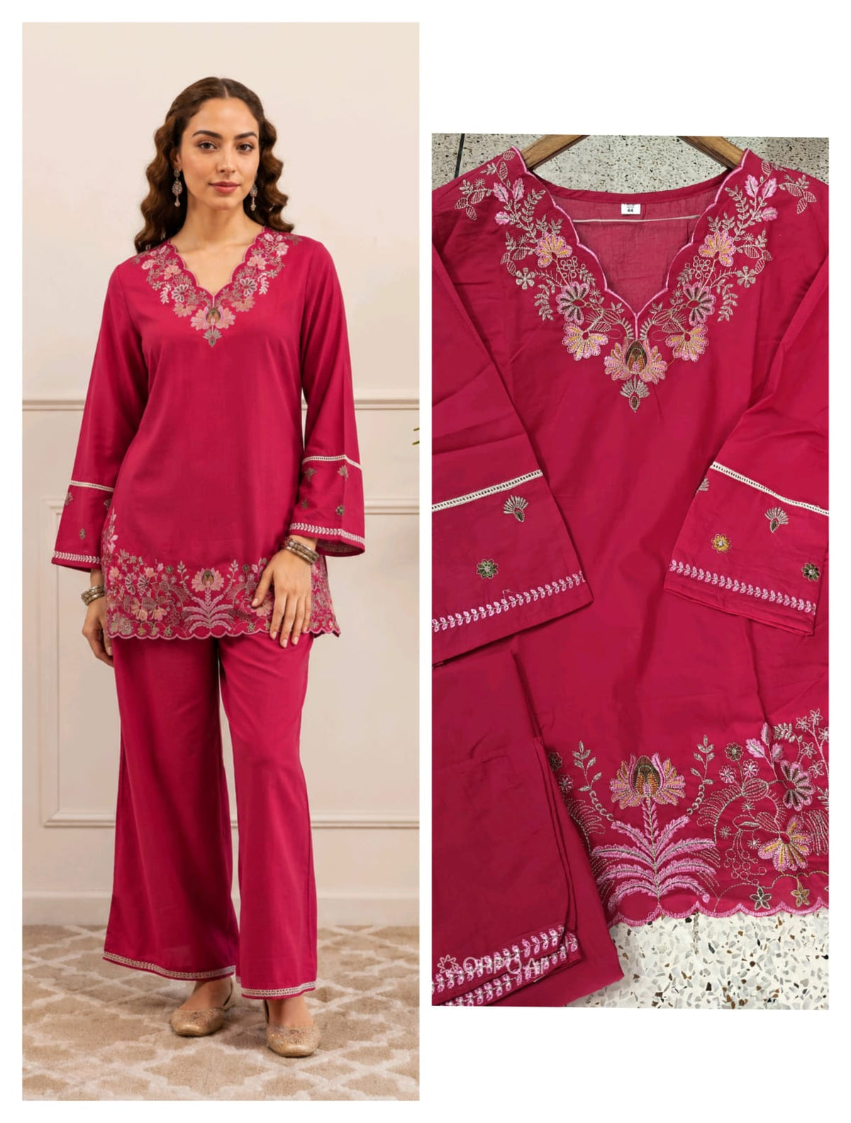 ZYFA Pink Floral Embroidered Kurta Palazzo Set for Women (Copy)