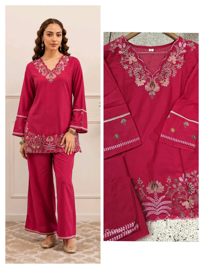 ZYFA Pink Floral Embroidered Kurta Palazzo Set for Women (Copy)