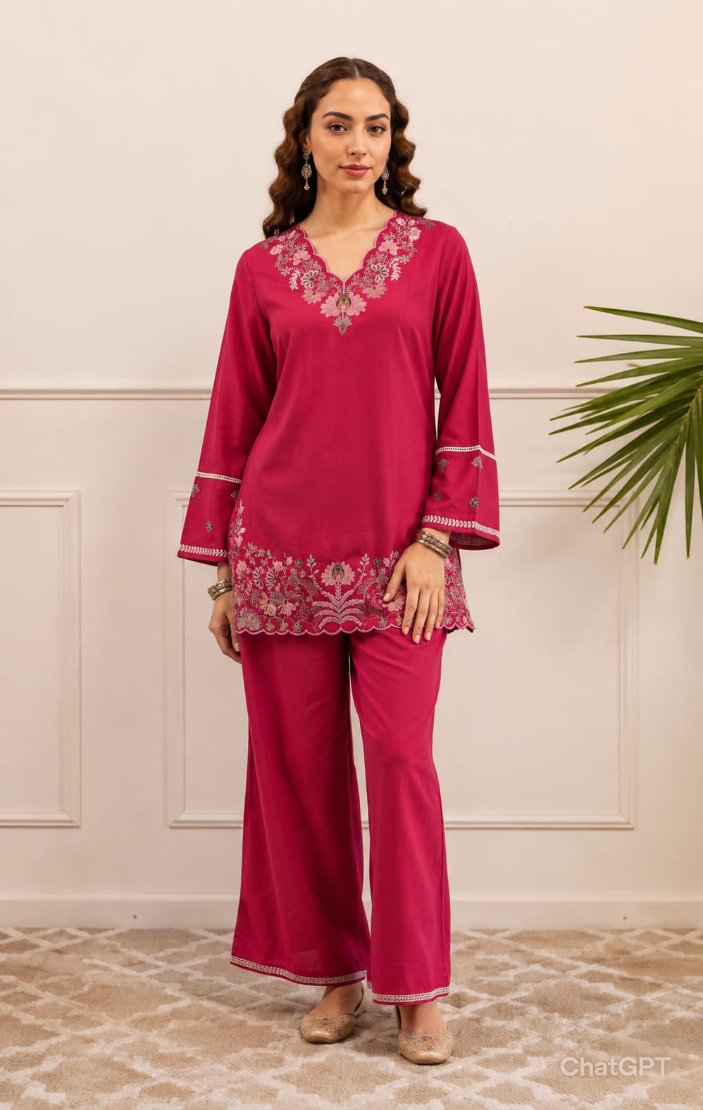 ZYFA Pink Floral Embroidered Kurta Palazzo Set for Women (Copy)