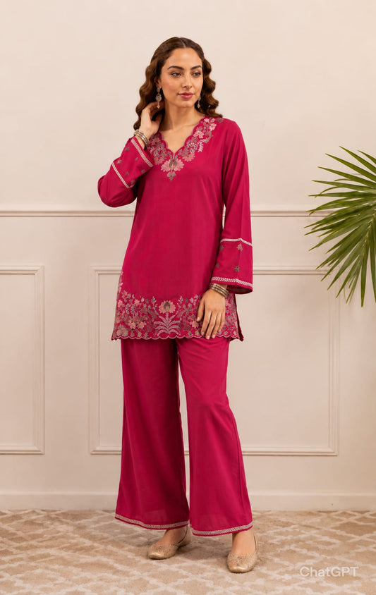 ZYFA Pink Floral Embroidered Kurta Palazzo Set for Women (Copy)