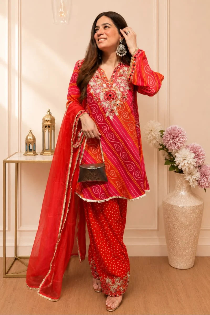 Red Bandhani Embroidered Kurta, Salwar & Dupatta Set for Women | Zyfa