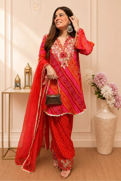 Red Bandhani Embroidered Kurta, Salwar & Dupatta Set for Women | Zyfa
