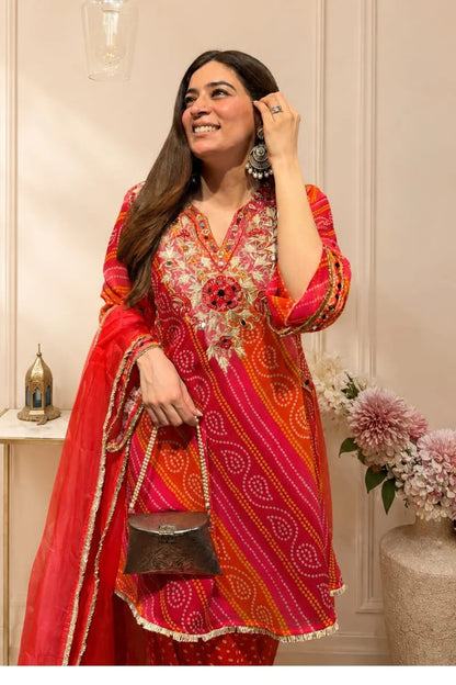 Red Bandhani Embroidered Kurta, Salwar & Dupatta Set for Women | Zyfa