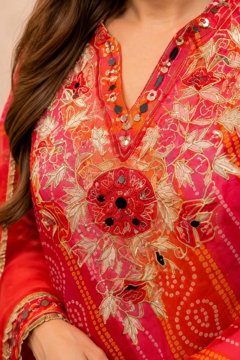 Red Bandhani Embroidered Kurta, Salwar & Dupatta Set for Women | Zyfa