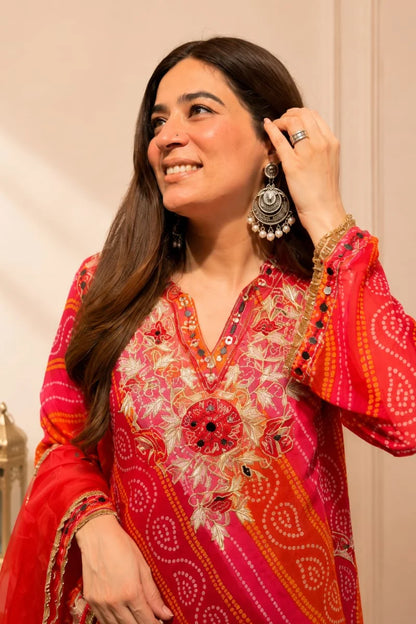 Red Bandhani Embroidered Kurta, Salwar & Dupatta Set for Women | Zyfa