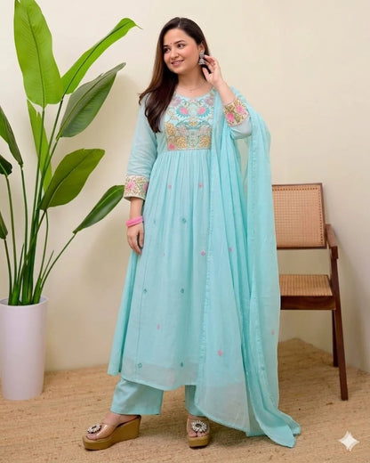 Zyfa Aqua Blue Embroidered Anarkali Kurta Set with Dupatta