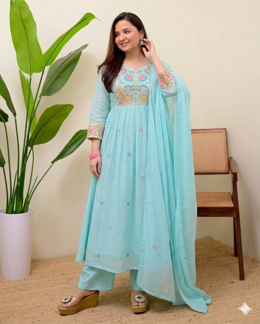 Zyfa Aqua Blue Embroidered Anarkali Kurta Set with Dupatta