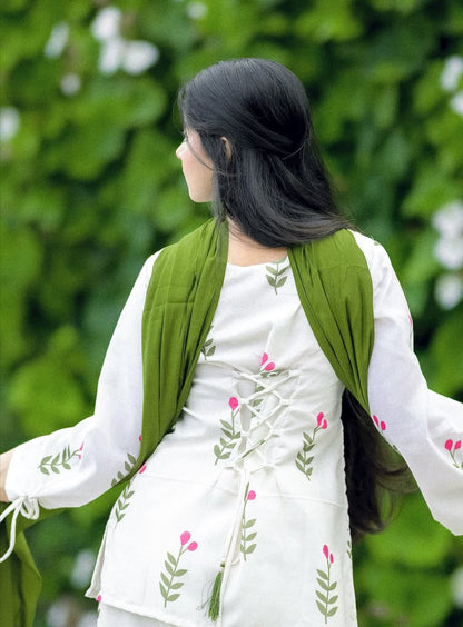 ZYFA White Floral Printed Kurta Pant Set with Green Dupatta for Women