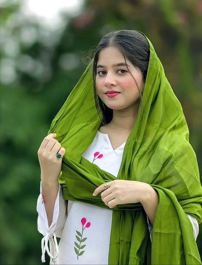 ZYFA White Floral Printed Kurta Pant Set with Green Dupatta for Women