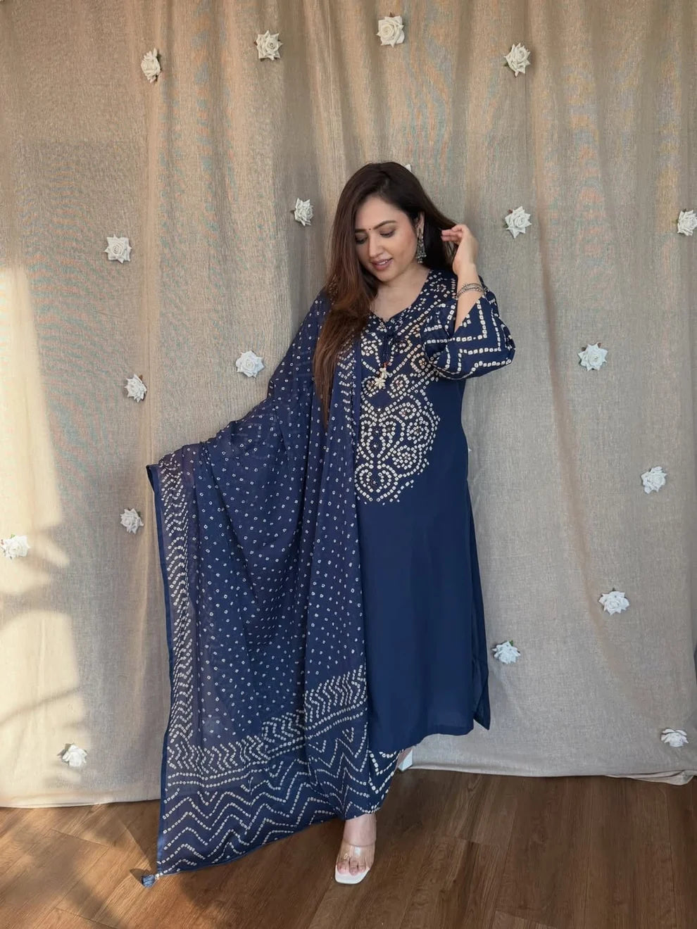 ZYFA Women's Navy Blue Bandhani Printed Kurta Pant Set with Dupatta