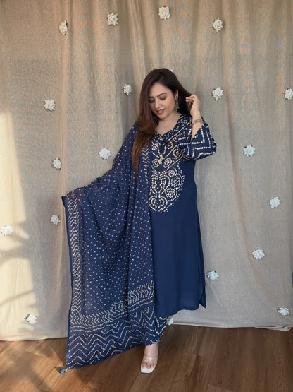 ZYFA Women's Navy Blue Bandhani Printed Kurta Pant Set with Dupatta