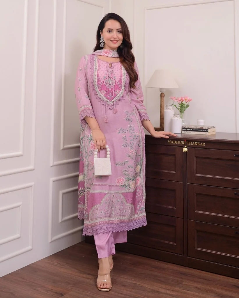 ZYFA Dreamy Lavender Floral Print Kurta Set with Lace Border Dupatta for Women