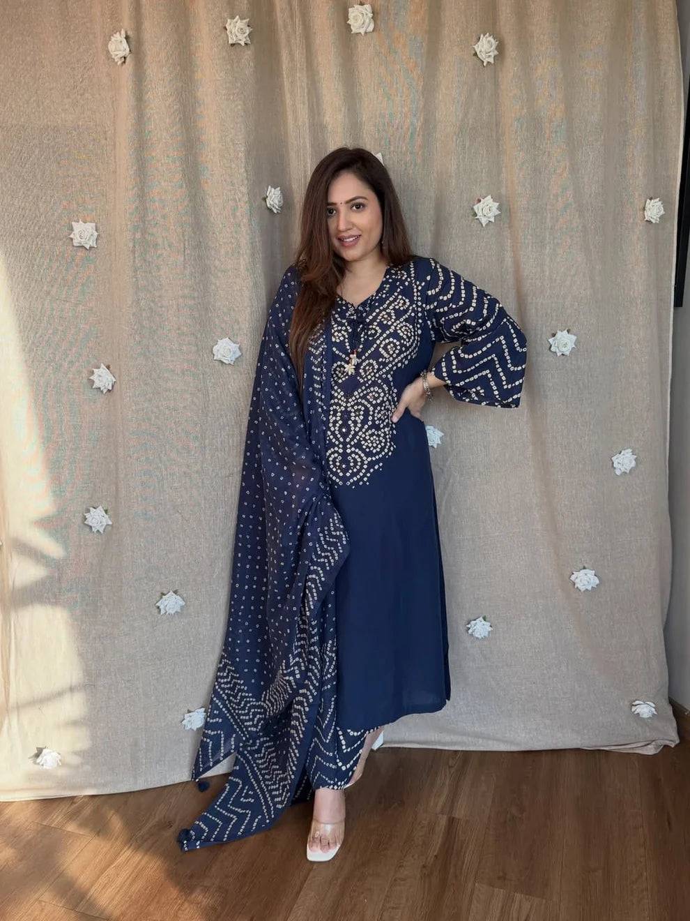 ZYFA Women's Navy Blue Bandhani Printed Kurta Pant Set with Dupatta