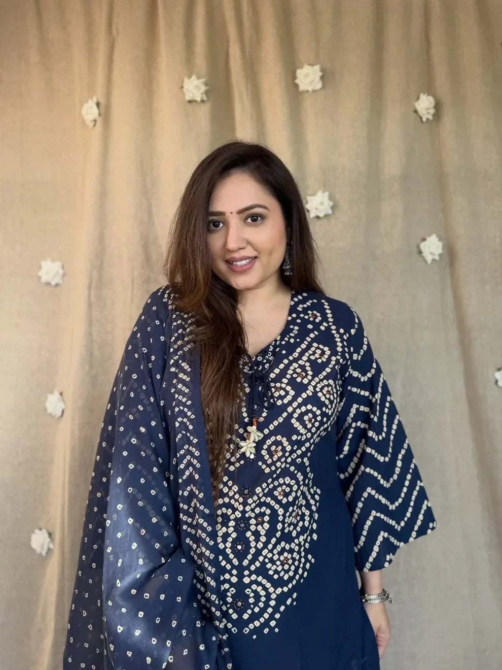 ZYFA Women's Navy Blue Bandhani Printed Kurta Pant Set with Dupatta