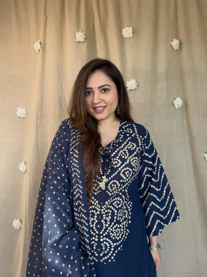 ZYFA Women's Navy Blue Bandhani Printed Kurta Pant Set with Dupatta