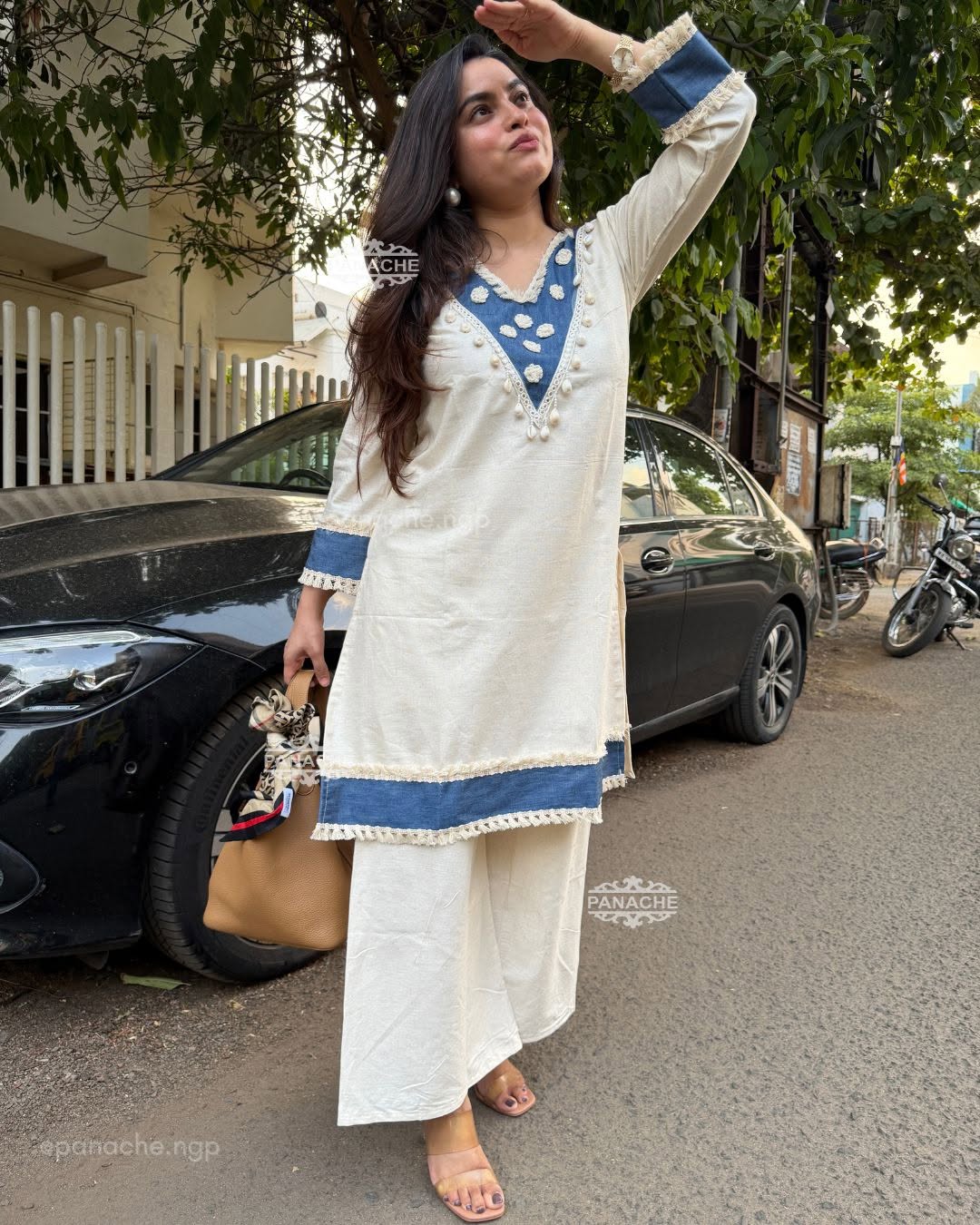 ZYFA White and Blue Embroidered Kurta Pant Set for Women
