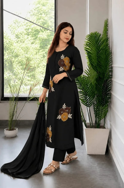 ZYFA Women’s Black Floral Embroidered Kurta Pant Set with Dupatta