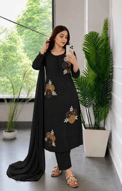 ZYFA Women’s Black Floral Embroidered Kurta Pant Set with Dupatta