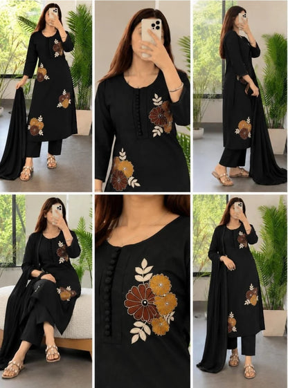 ZYFA Women’s Black Floral Embroidered Kurta Pant Set with Dupatta