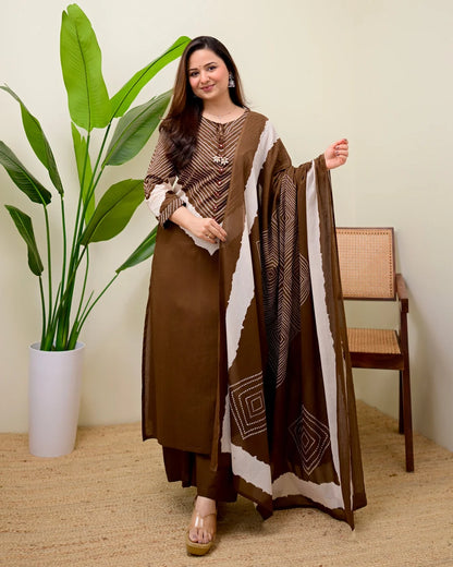 ZYFA Women’s Mocha Bandhej Printed Cotton Palazzo Suit Set