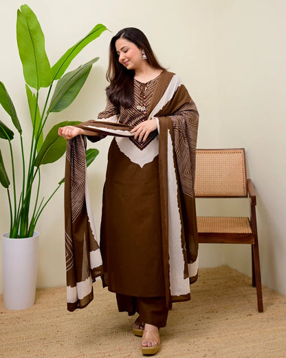 ZYFA Women’s Mocha Bandhej Printed Cotton Palazzo Suit Set