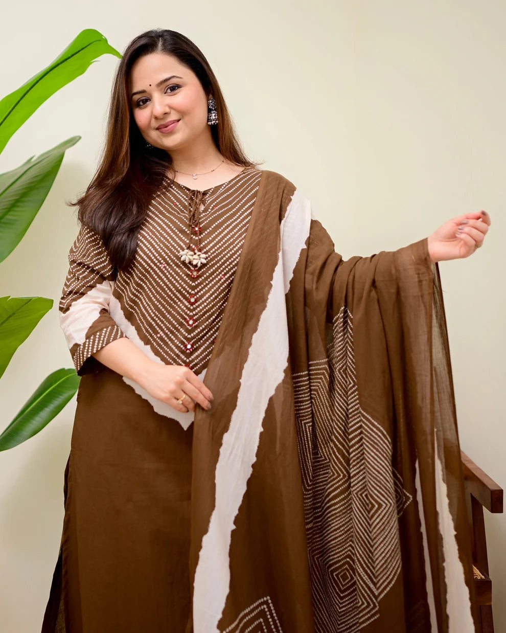 ZYFA Women’s Mocha Bandhej Printed Cotton Palazzo Suit Set