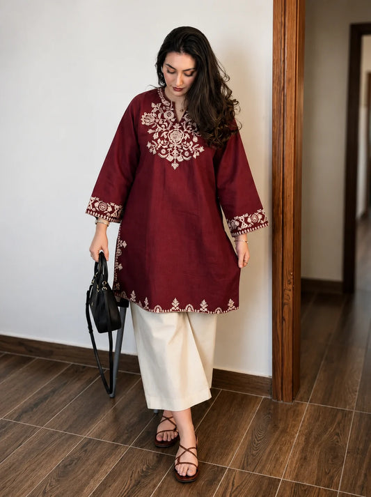 ZYFA Women’s Maroon Embroidered Kurta with Ivory Straight Pants