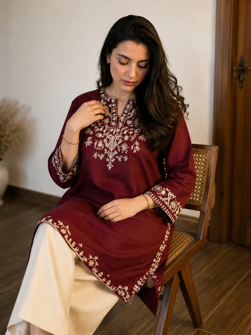 ZYFA Women’s Maroon Embroidered Kurta with Ivory Straight Pants