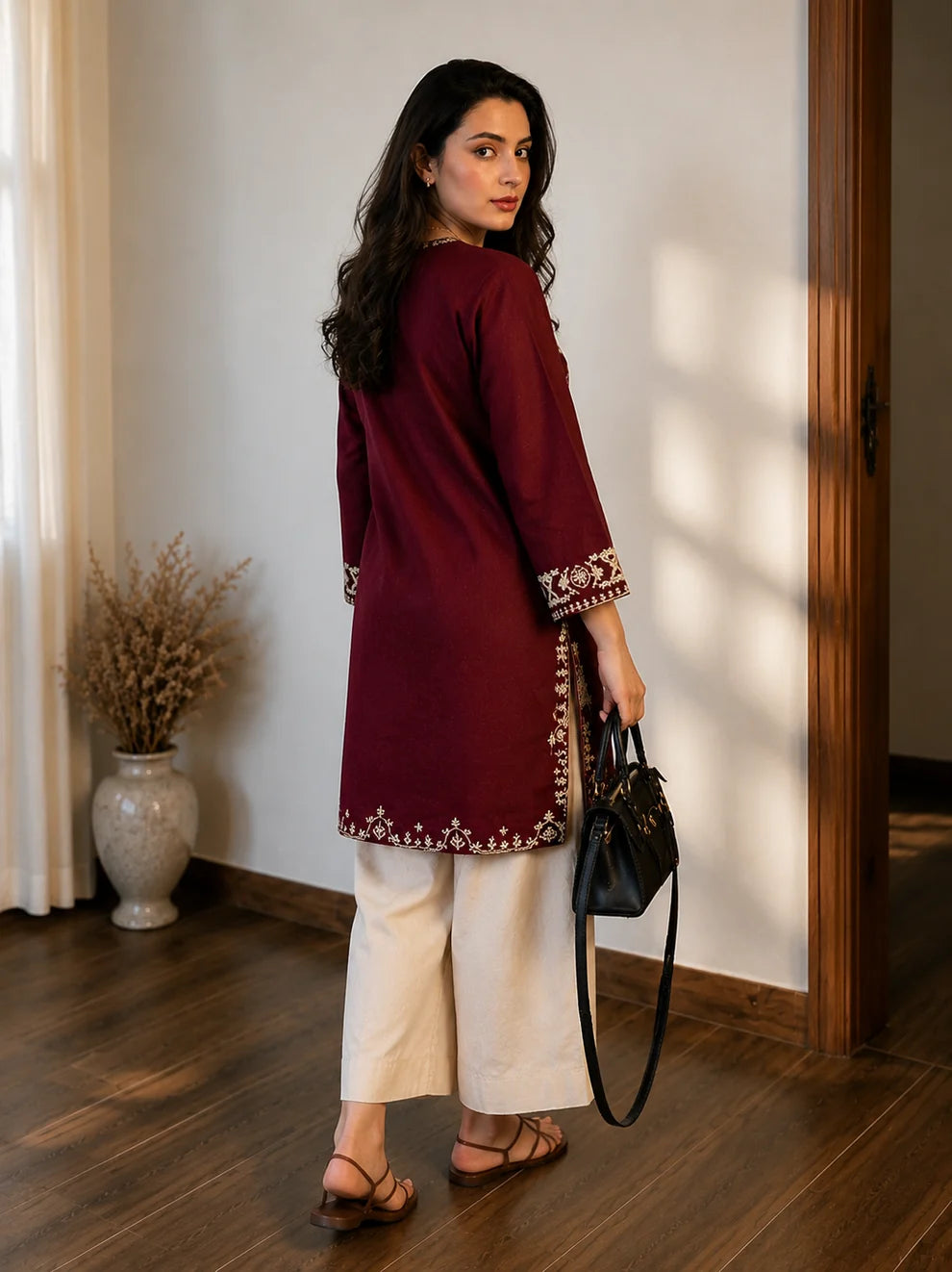 ZYFA Women’s Maroon Embroidered Kurta with Ivory Straight Pants