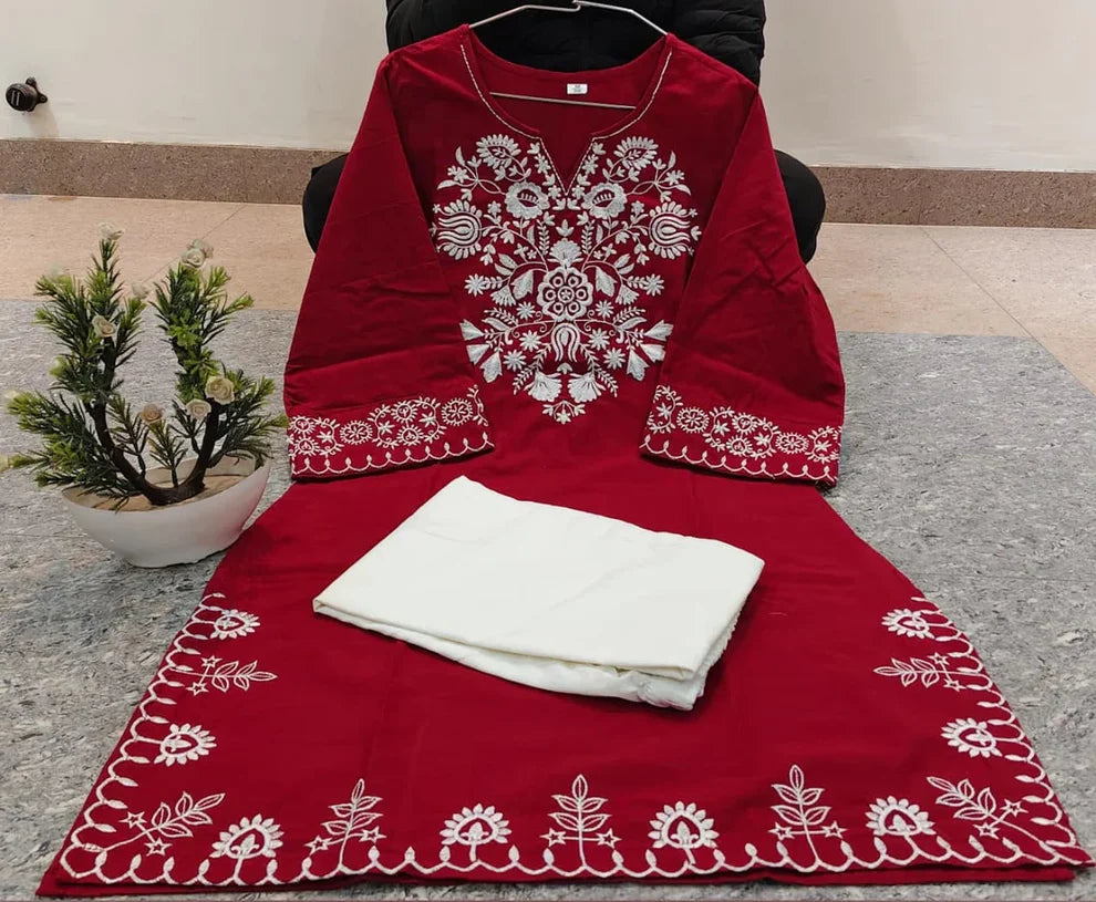 ZYFA Women’s Maroon Embroidered Kurta with Ivory Straight Pants