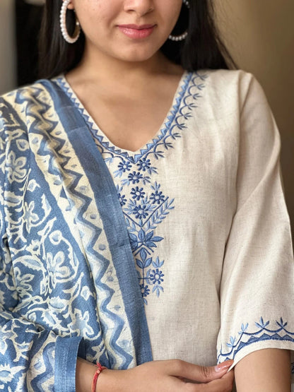 ZYFA Off-White Embroidered Cotton Flex Suit Set with Cotton Silk Dupatta for Women