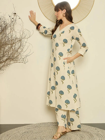 ZYFA Women’s Cream Cotton Co-Ord Set with Teal Botanical Print