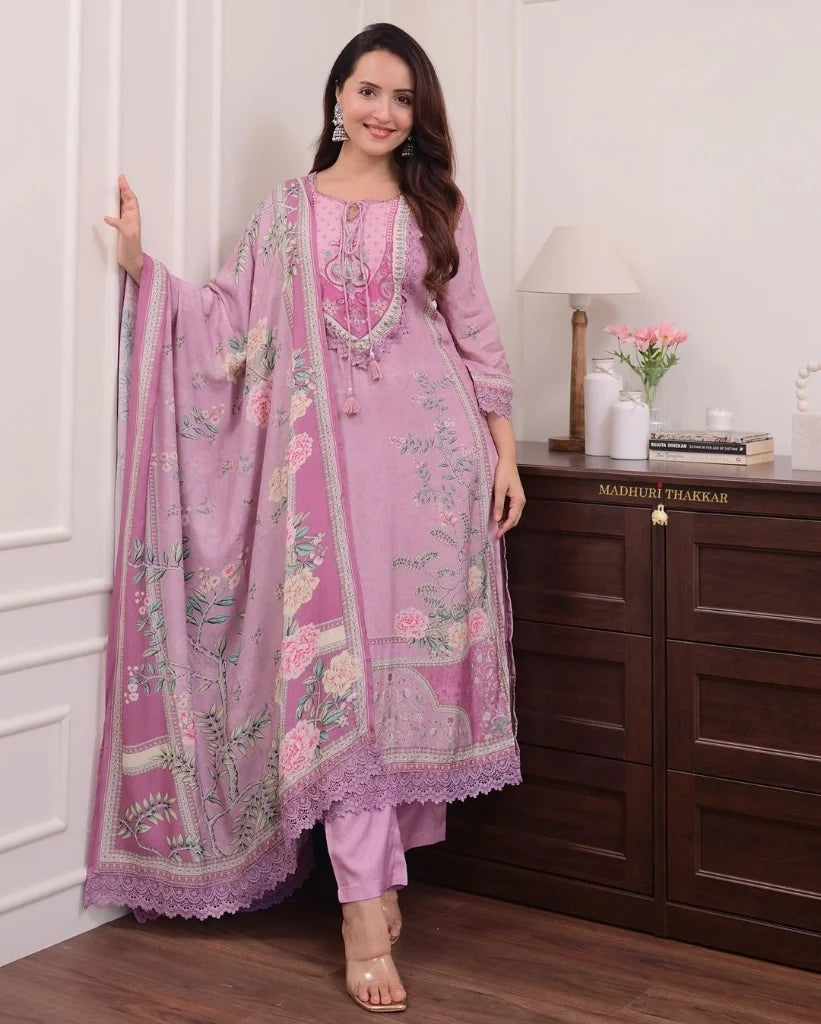 ZYFA Dreamy Lavender Floral Print Kurta Set with Lace Border Dupatta for Women